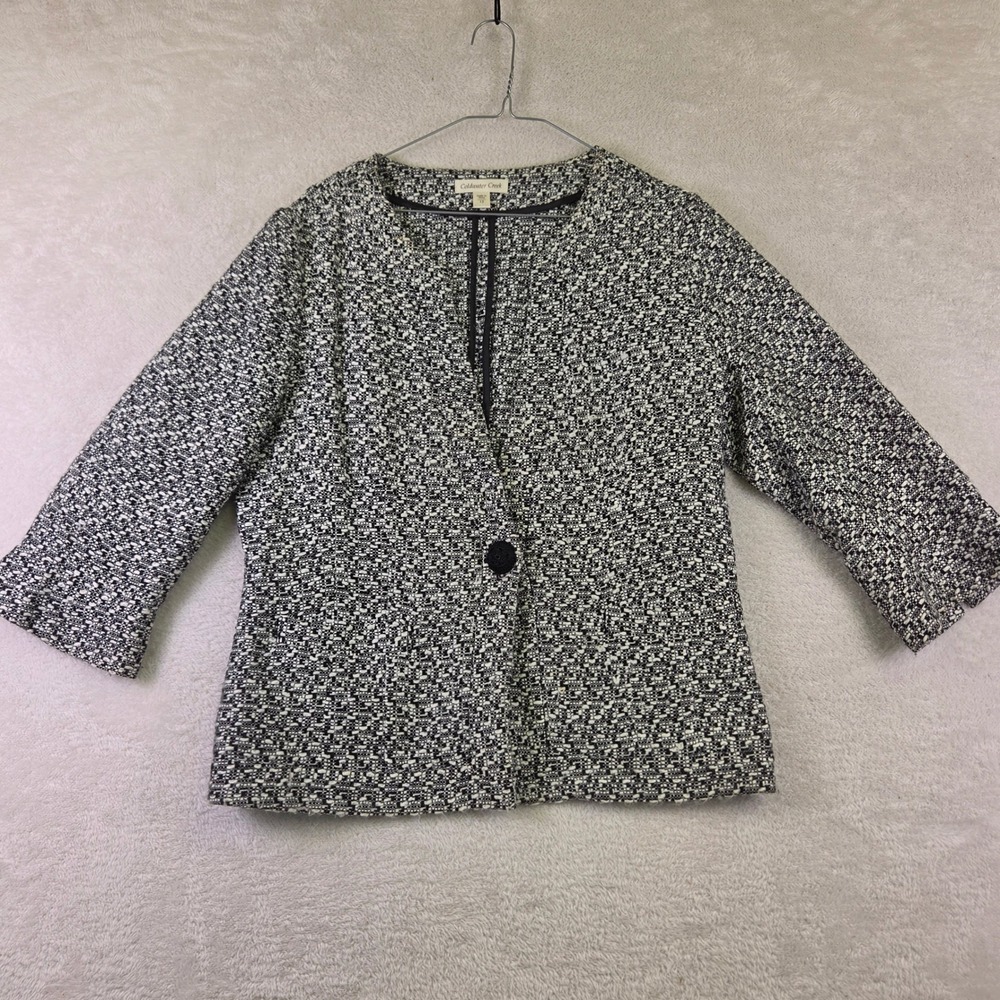Coldwater Creek Black White Tweed Blazer Jacket Size 12 Collarless Single Button